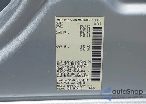 2022 Nissan Altima Sv Fwd z USA, uszkodzony, nr VIN 1N4BL4DV5NN315695